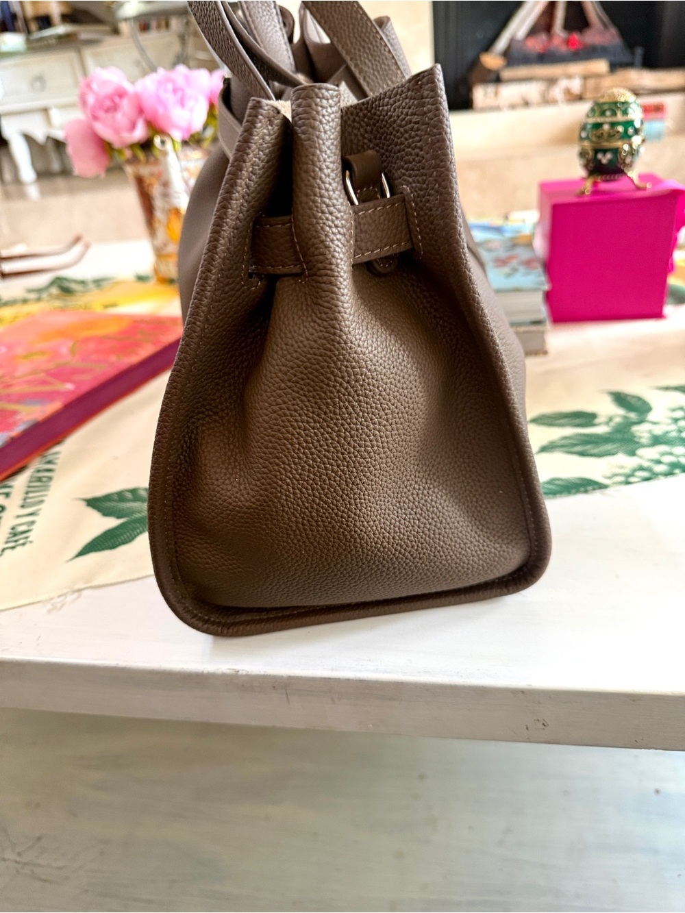 Genuine Leather Taupe Top-Handle Tote - Picture 2 of 8